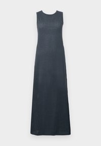 Pikk, ilma varrukat Kleid tumesinises värvitoonis. Omab tekstuuriga kudumismustrit, ümmargust kaelust ja sirget, voolavat siluetti.