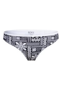 Black and white bikini bottom with various geometric and floral patterns. Made of stretchy fabric with a solid white waistband. Roxy label is visible.