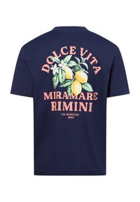 Navy blue cotton T-shirt featuring a large graphic of lemons with green leaves and floral accents, text in pink: "DOLCE VITA MIRAMARE RIMINI".