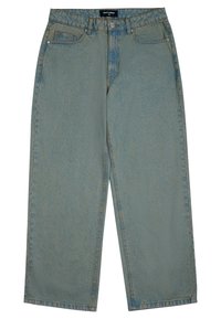 Light blue denim jeans with a relaxed fit, straight legs, five pockets, and a zip fly. Faded textured finish with visible stitching details.