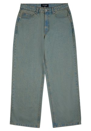 Light blue denim jeans with a relaxed fit, straight legs, five pockets, and a zip fly. Faded textured finish with visible stitching details.