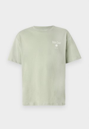 Light green cotton t-shirt with short sleeves, featuring the text "Palm Coast" and a sun graphic in white on the front.