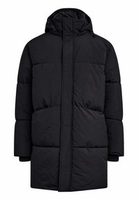 Schwarzer Steppmantel mit Kapuze, ausgestattet mit einem durchgehenden Reißverschluss vorne, übergroßem geometrischem Steppmuster, langen Ärmeln und seitlichen Taschen.