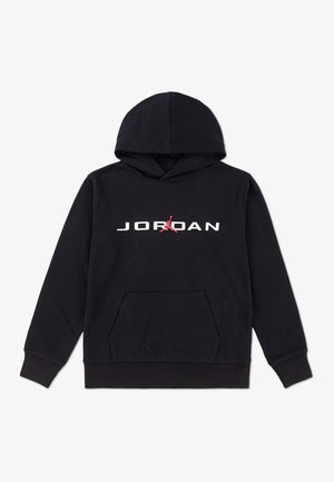 Felpa nera con cappuccio, dotata di una tasca frontale, testo bianco "JORDAN" e un logo silhouette rosso sopra la lettera "A". Realizzata in tessuto morbido.