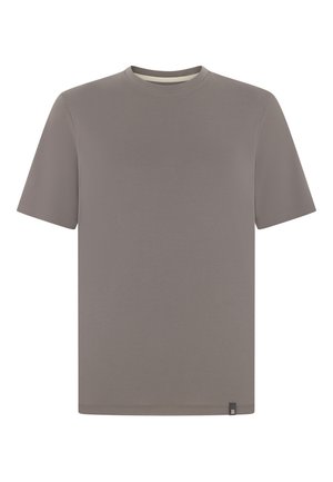 Effen korte mouw T-shirt met ronde hals in een effen taupekleur, met een klein zwart-wit label aan de onderzoom.