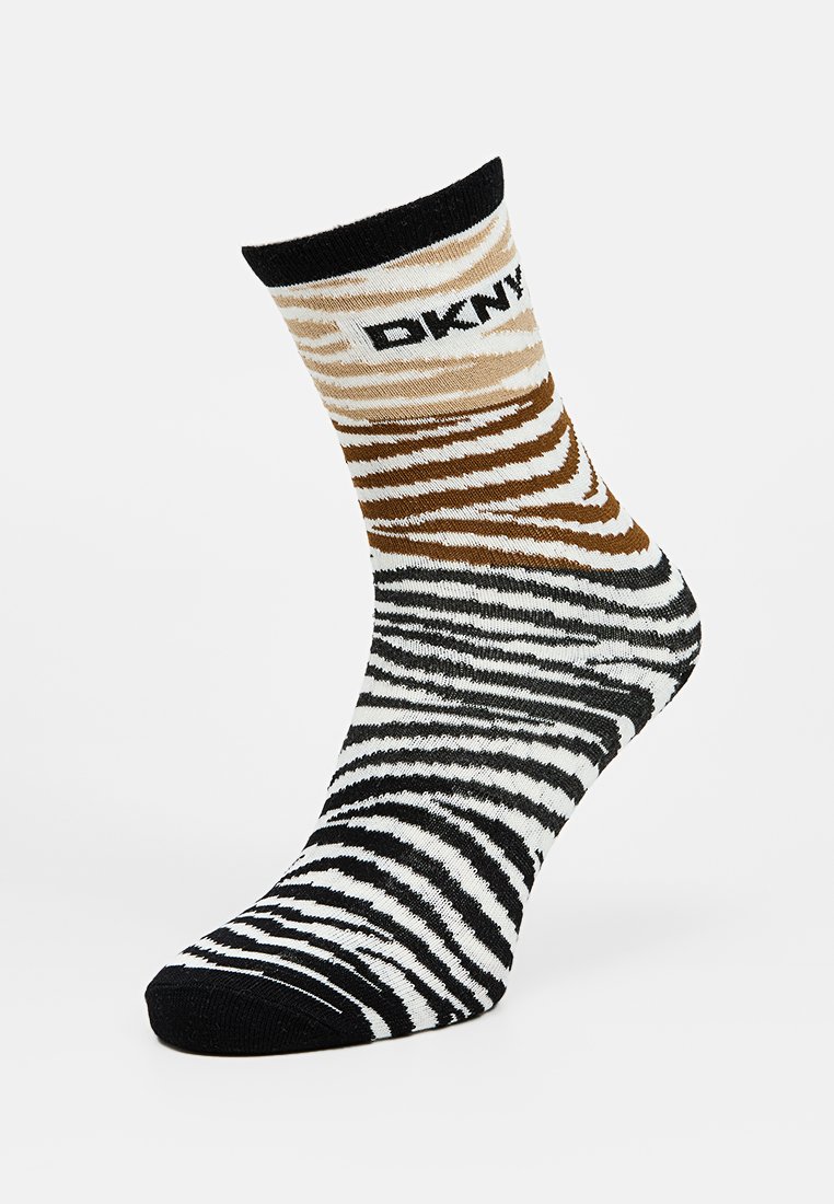 DKNY enkelsok met een mix van bruine, witte en zwarte horizontale strepen, voorzien van een zwarte geribde boord en logo aan de bovenkant.