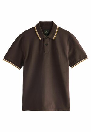 Dunkelbraunes Poloshirt mit Kragen, der gelbe und weiße Streifen aufweist, kurze Ärmel und zwei Knöpfe am Hals. Weicher Stoff.