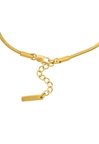 Collana a catena placcata in oro con un design elegante e liscio, segmenti testurizzati e un dettaglio a targhetta rettangolare appeso a una catena di anelli.