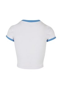 White cropped t-shirt with blue ribbed collar and sleeve edges, smooth texture, short sleeves, and a simple design.