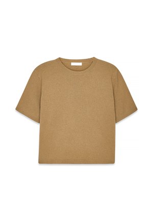 Trumpas rankovėmis, laisvas T-shirt smėlio spalvos, pagamintas iš minkštos pavedimo medžiagos, su apvalia iškirpte ir banguotu apatiniu kraštu, be raštų.