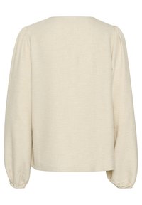 Helle beige Langarmbluse mit Rundhalsausschnitt, gerafften Ärmeln und einem strukturierten Stoff, im lässigen Schnitt.