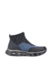 Blaue und schwarze Knöchelstiefel aus strukturiertem Leder und weichem Wildleder. Verfügt über einen Reißverschluss und eine gepolsterte Sohle mit sichtbaren Luftpolstern.