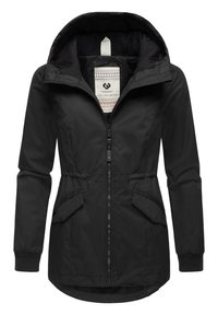 Veste noire imperméable avec capuche, poignets élastiques, fermeture éclair avant et deux poches latérales. Tissu lisse avec taille ajustable.