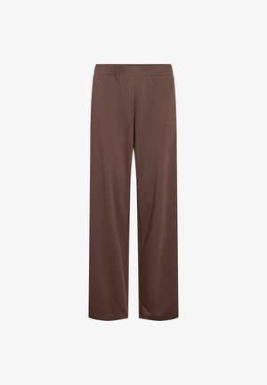 Pantaloni marroni a gamba larga realizzati in un tessuto morbido e leggero. Presentano una cintura elastica per il massimo comfort. Senza tasche o motivi distintivi.