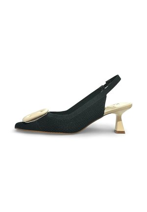 Décolleté slingback nera a punta con tacco a blocco beige e grande decorazione circolare beige sulla punta.