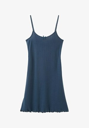 Rochie tricotată fără mâneci, albastru închis, cu dungi, bretele subțiri, fundă mică în față și tiv cu volane.