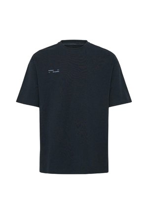Schwarzes Baumwoll-T-Shirt mit kurzen Ärmeln, rundem Halsausschnitt und dezentem, aufgedrucktem Text auf der Vorderseite. Glatte Textur, lockere Passform.