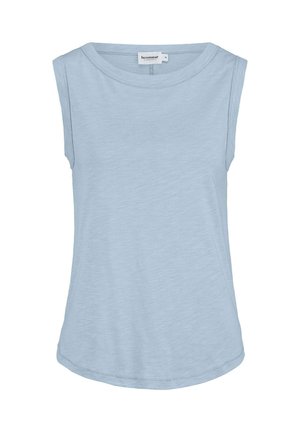 Hellblaues ärmelloses Damenoberteil mit rundem Ausschnitt, leicht geschwungenem Saum und sichtbaren Nähten vor weißem Hintergrund.