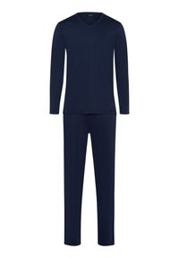 Navy zestaw odzieży domowej składający się z długorękawowej bluzki w serek i pasujących spodni. Miękka tkanina, luźny krój oraz minimalistyczny design bez wzorów.