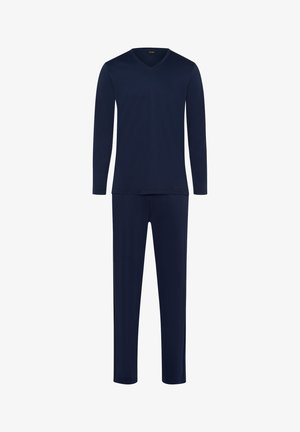 Navy Loungewear-Set mit einem langärmeligen V-Ausschnitt-Oberteil und passenden Hosen. Weicher Stoff, lockere Passform und minimalistisches Design ohne Muster.