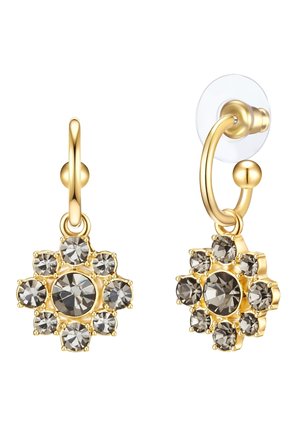 Orecchini a forma di fiore in oro, caratterizzati da cristalli grigio scuro disposti in un motivo floreale, con un design ad anello e una base trasparente per una vestibilità sicura.
