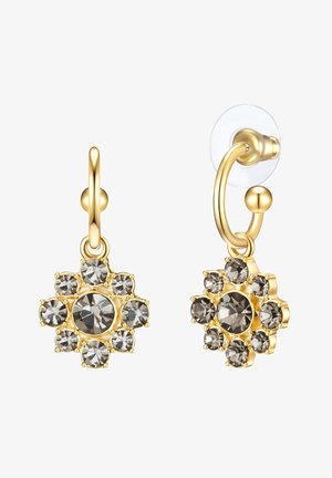 Guld blomsterformede øreringe med mørkegrå krystaller sat i et blomsterarrangement, med en hoop-design og klar ryg for sikker bæring.