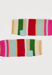 Knit fingerless gloves featuring colorful stripes in pink, red, green, blue, and cream, with ribbed cuffs and a soft texture.