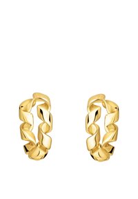 Boucles d'oreilles en or avec un design torsadé et des surfaces lisses et réfléchissantes. La forme est circulaire avec des maillons sculptés se chevauchant.