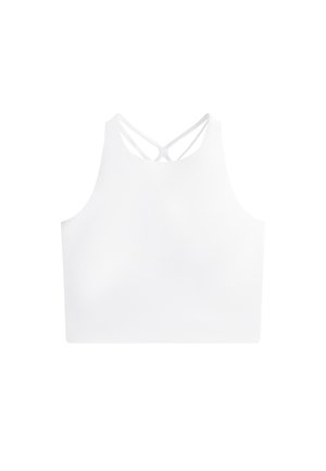 Witte sportieve crop top met een hoge halslijn en dubbele kruislings strapjes op de rug, met een gladde, rekbare stoftextuur.