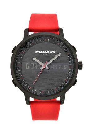 Ronde zwarte Skechers polshorloge met analoge wijzers, digitale tijd- en datumaanduiding en een felrode siliconen band.