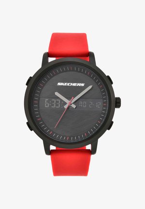 Montre-bracelet ronde noire Skechers avec aiguilles analogiques, affichage numérique de l'heure et de la date, et bracelet en silicone rouge vif.