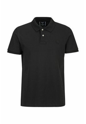 Schwarzes Poloshirt aus Baumwolle mit Kragen, zwei-Knopf-Leiste und einem kleinen, tonal gehaltenen Logo auf der Brust. Kurzärmel mit gerippten Bündchen.