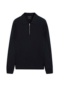 Czarny sweter wykonany z dzianiny, posiadający zamek błyskawiczny przy kołnierzu, długie rękawy oraz prosty design bez widocznych wzorów i akcentów.