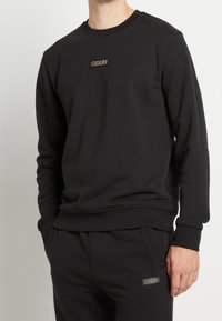 Sudadera negra de tejido suave, con cuello redondo y puños acanalados, y un parche con el logo cosido en el pecho.
