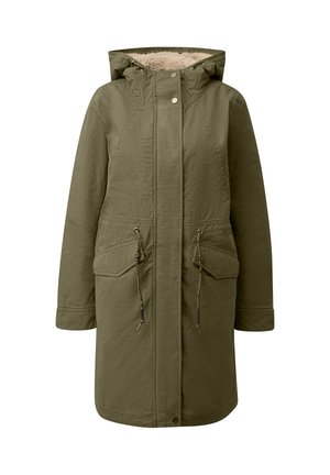 Olijfgroene parka met een met bont gevoerde capuchon, twee voorzakken, verstelbare trekkoorden bij de taille en een drukknoopsluiting. Lichtgewicht stof.