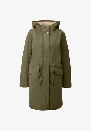 Olive green parka with a fur-lined hood, two front pockets, adjustable drawstrings at waist, and snap button closure. Lightweight fabric.