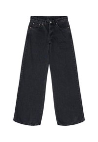 Wide-leg black jeans made from denim, featuring a high waist, copper rivets, and a clean finish at the hem, offering a relaxed silhouette.