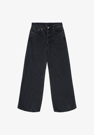 Wide-leg black jeans made from denim, featuring a high waist, copper rivets, and a clean finish at the hem, offering a relaxed silhouette.