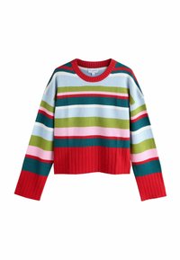 Striped sweater with red ribbed cuffs and hem. Features horizontal stripes in blue, green, pink, and white. Made of soft knit material.