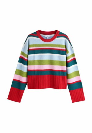 Striped sweater with red ribbed cuffs and hem. Features horizontal stripes in blue, green, pink, and white. Made of soft knit material.