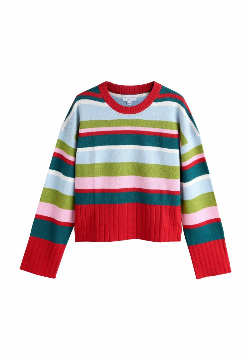 Striped sweater with red ribbed cuffs and hem. Features horizontal stripes in blue, green, pink, and white. Made of soft knit material.