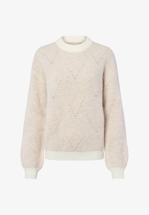 Pull en crème avec un motif texturé, des poignets côtelés et un col rond. Présente un tissu tricoté doux avec de subtiles rayures en chevron.