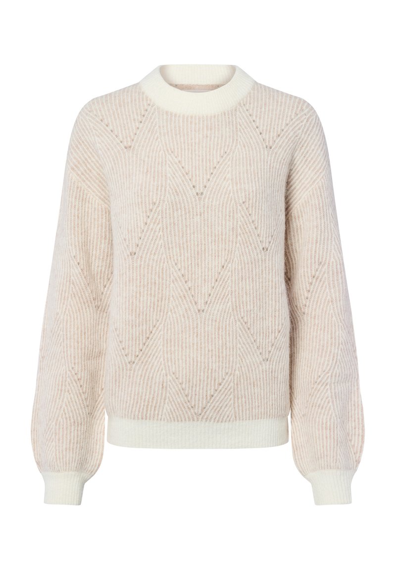 Cremfarbener Pullover mit strukturiertem Muster, gerippten Bündchen und rundem Halsausschnitt. Mit weichem Strickstoff und dezenten Zickzackstreifen.