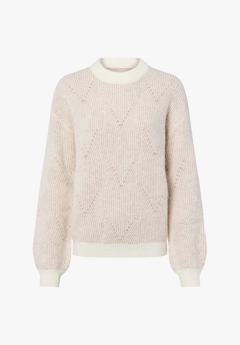 Cremfarbener Pullover mit strukturiertem Muster, gerippten Bündchen und rundem Halsausschnitt. Mit weichem Strickstoff und dezenten Zickzackstreifen.