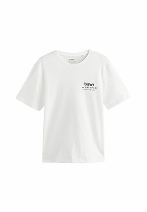 White cotton t-shirt with short sleeves, round neckline, featuring a small black printed logo “BWT ALPINE FORMULA ONE TEAM” on the chest.