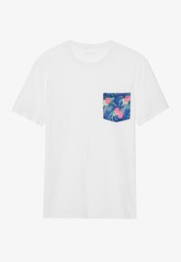 White cotton t-shirt featuring a blue floral patterned pocket with pink flowers and green leaves. Classic crew neckline and short sleeves.
