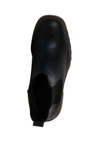 Bottine en cuir noir avec panneau latéral élastique, bout rond, couture marron et semelle texturée. Tirant à l'arrière pour un enfilage facile.