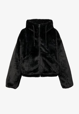 Black cropped jacket made of plush faux fur, featuring a hood, zip closure, and drawstrings. The surface is soft with a uniform texture.
