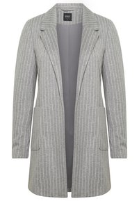 Blazer largo gris con rayas verticales blancas, solapas con muesca, abertura frontal y bolsillos delanteros con solapa.