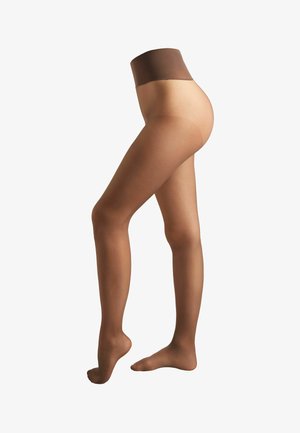 Bruine doorzichtige panty's met een effen, donkerdere tailleband. Gladde textuur en een semi-transparante afwerking, ontworpen voor comfort en pasvorm.